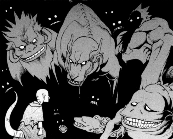 A panel from the manga. Bido standing in front of the tunnel guardian chimeras.'