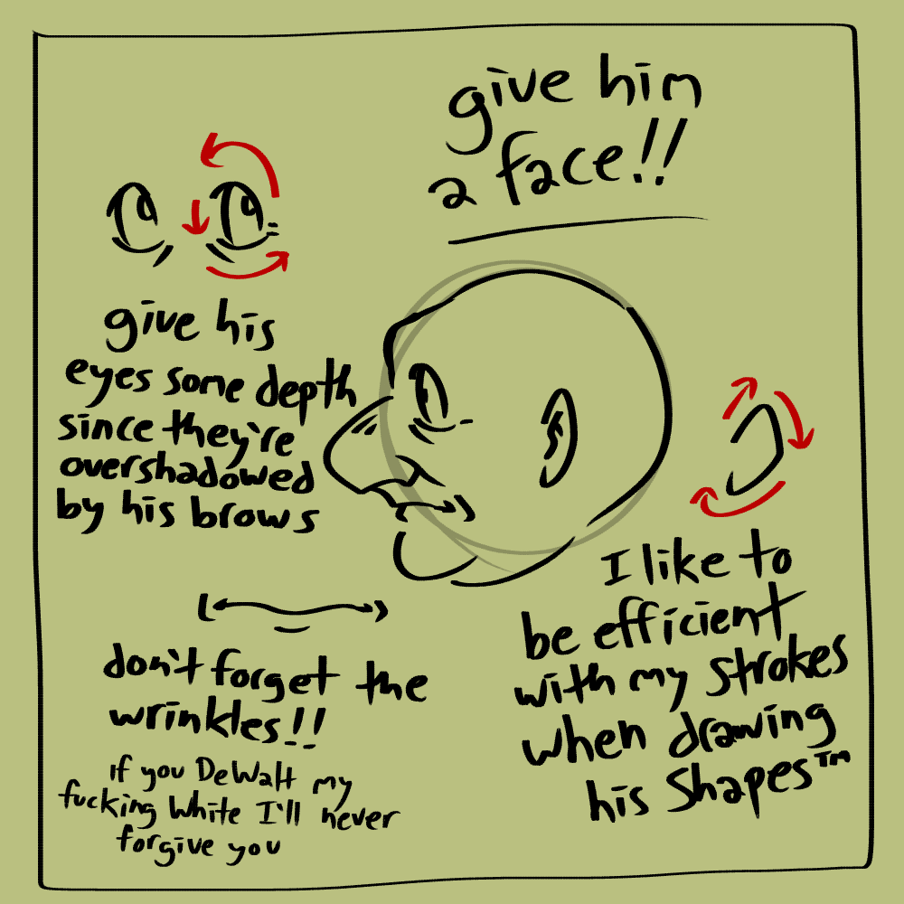 The third step of the art tutorial. Bido's facial features are filled in, and there are additional closeups of his eyes, mouth and ears. Underlined text reads 'give him a face!' Smaller text reads 'give his eyes some depth since they're overshadowed by his brows', 'don't forget the wrinkles!' with the subtitle 'if you DeWalt my fucking White I'll never forgive you', and 'I like to be efficient with my strokes when drawing his Shapes™'.