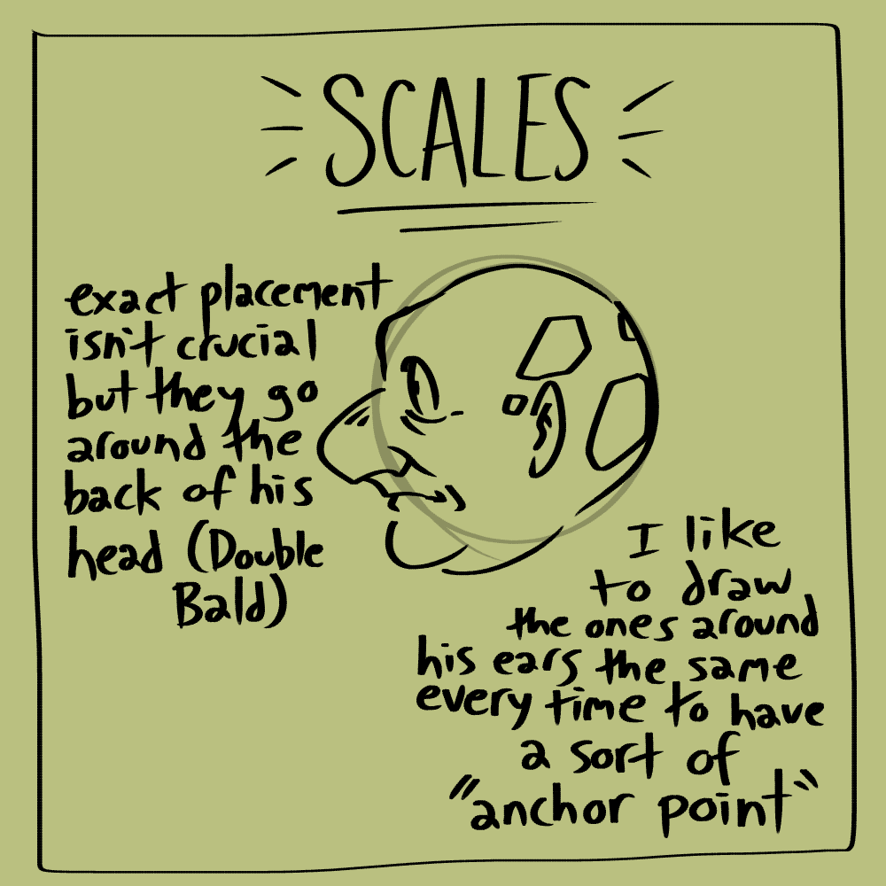 The fourth step of the art tutorial. Bido's scales have been added to his head. Large text at the top of the image reads 'SCALES'. Smaller text to the sides read 'exact placement isn't crucial but they go around the back of his head (Double Bald)', and 'I like to draw the ones around his ears the same every time to have a sort of ''anchor point'''.