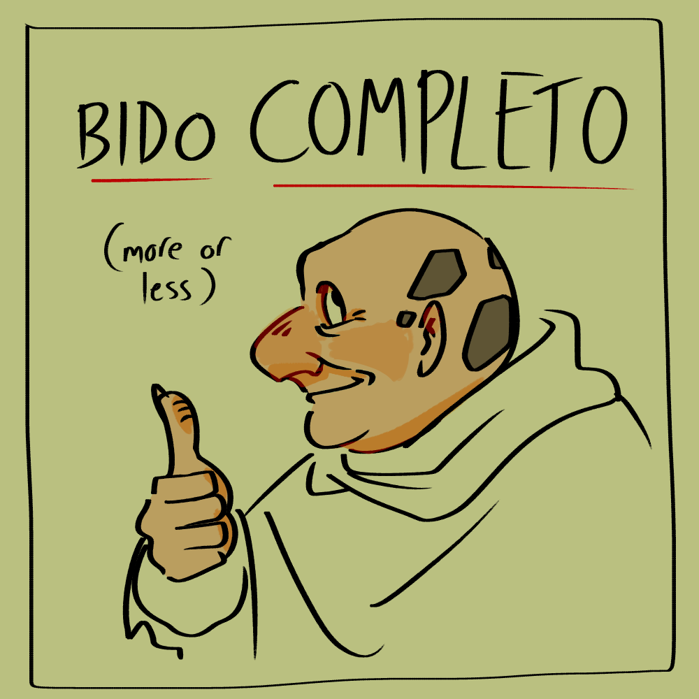 The last step of the art tutorial. Bido's face, now smiling, is colored in, and with his added hand he's giving a thumbs up. Text above him says 'Bido Completo', and then beneath that in smaller letters, '(more or less)'.